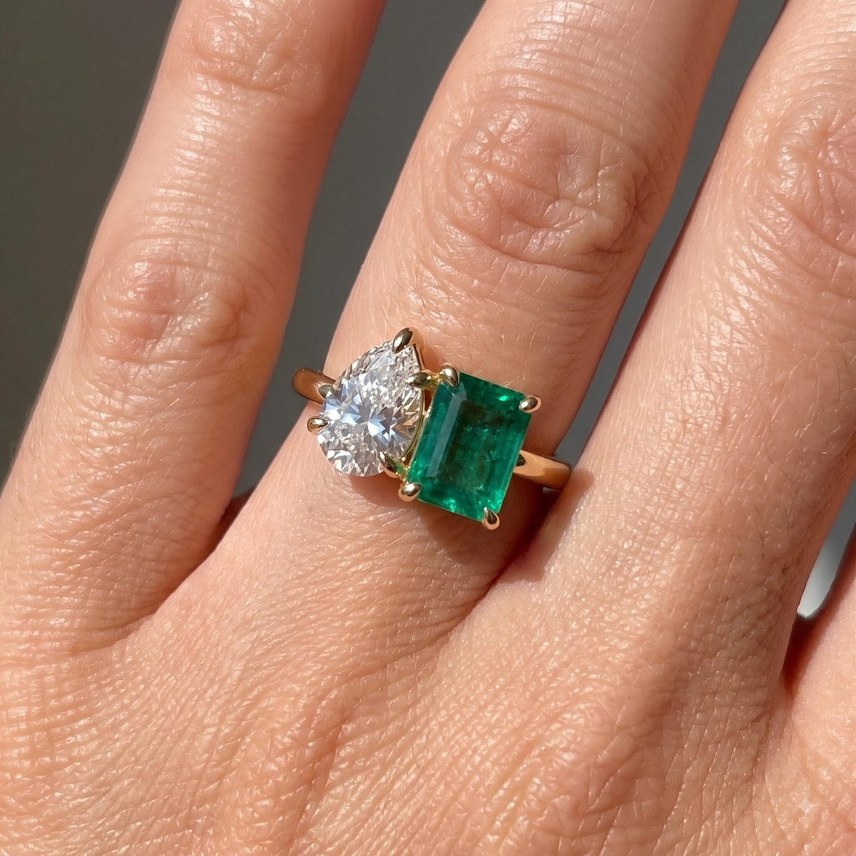 2.450 Cttw Octagon Morganite , Sapphire, Emerald and Lab Diamond 14K Yellow Gold Toi Et Moi Ring