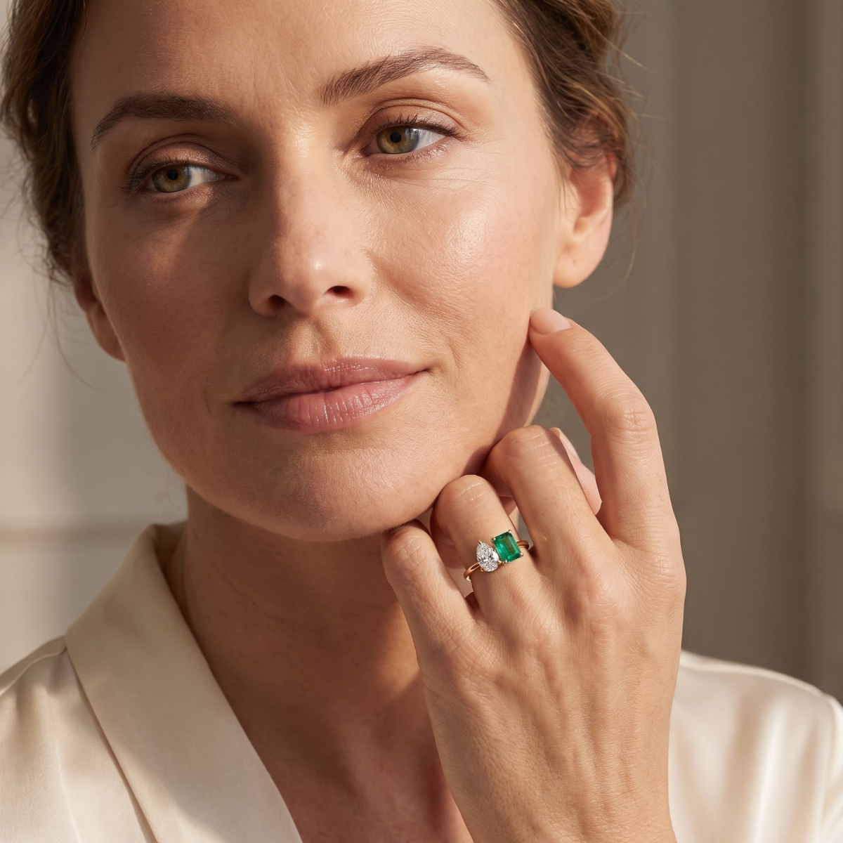 2.450 Cttw Octagon Morganite , Sapphire, Emerald and Lab Diamond 14K Yellow Gold Toi Et Moi Ring