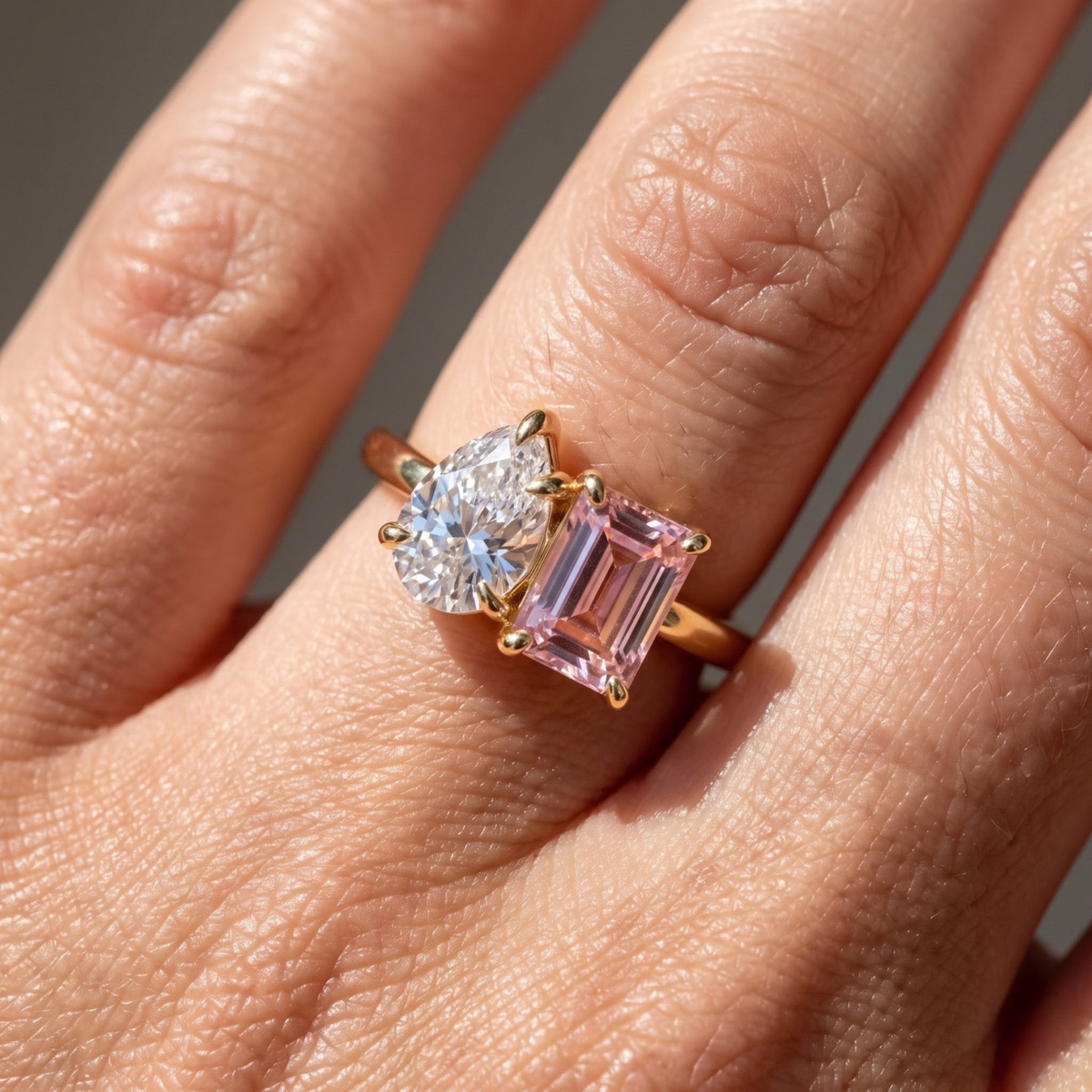 2.450 Cttw Octagon Morganite , Sapphire, Emerald and Lab Diamond 14K Yellow Gold Toi Et Moi Ring