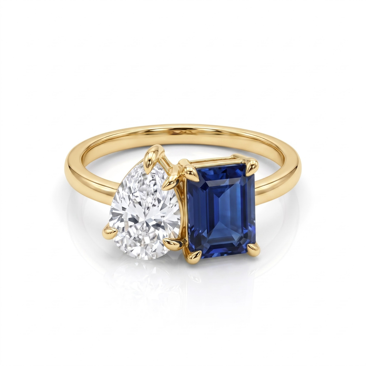 2.450 Cttw Octagon Morganite , Sapphire, Emerald and Lab Diamond 14K Yellow Gold Toi Et Moi Ring