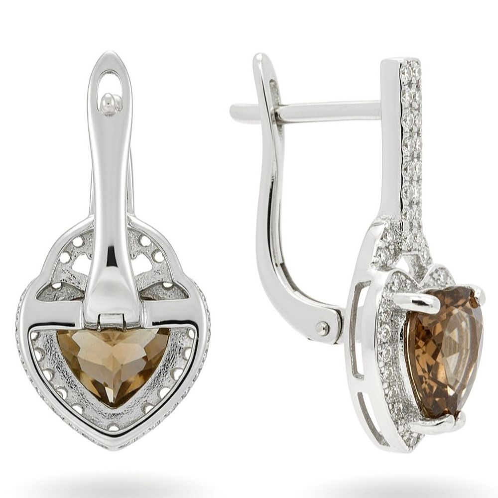 Natural Brown Quartz Heart Sterling Silver Earrings