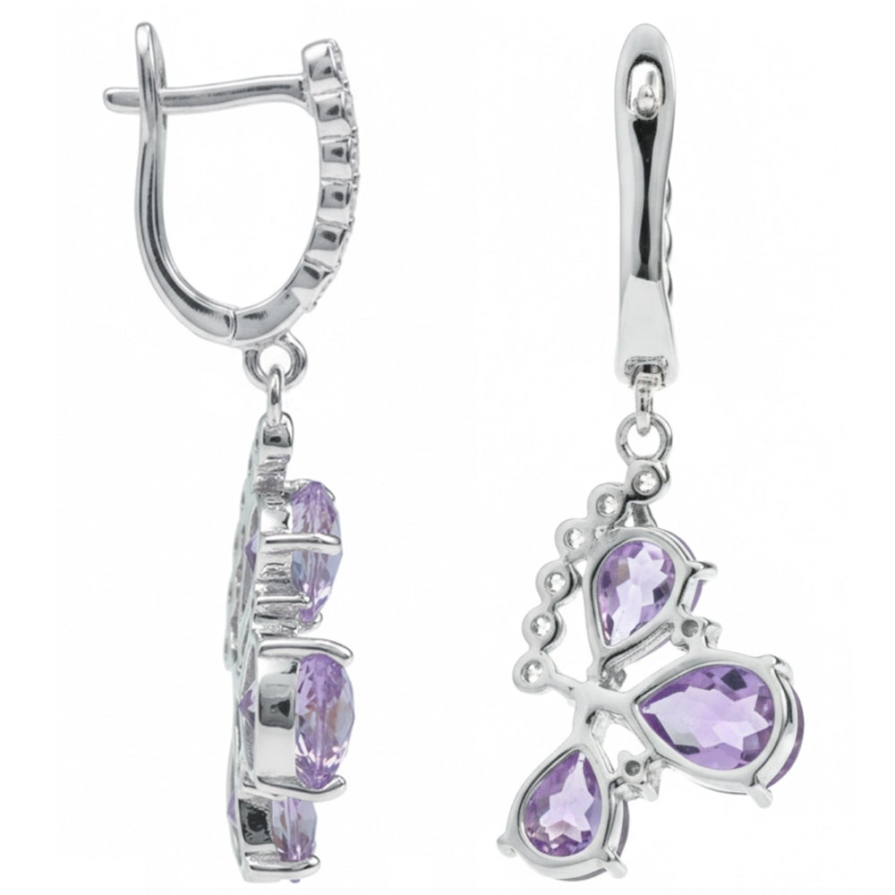 Natural Amethyst Three Stone Silver Dangle Earrings