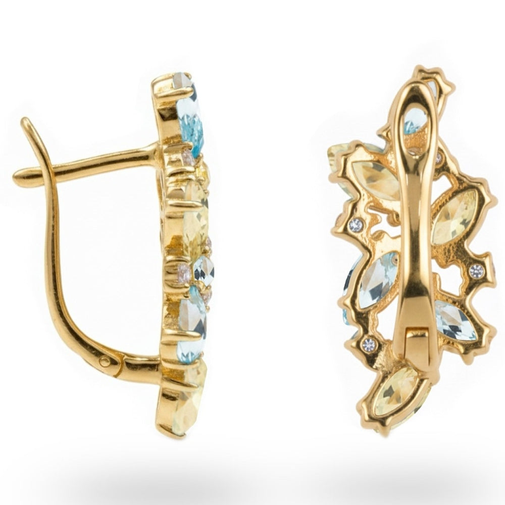 Natural Lemon Quartz and Sky Blue Topaz Silver Cluster Earrings