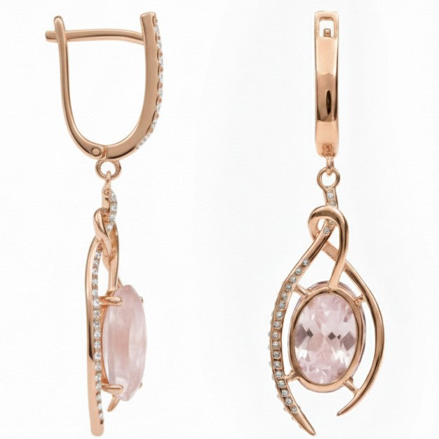 Natural Rose Quartz Rose Gold Plating Silver Drop Earrings