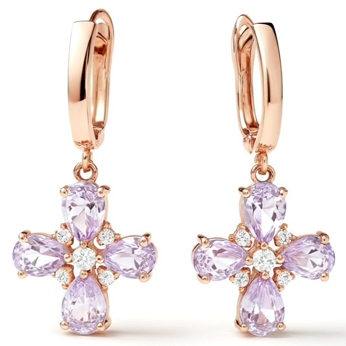 Purple Natural Amethyst Flower Silver Earrings