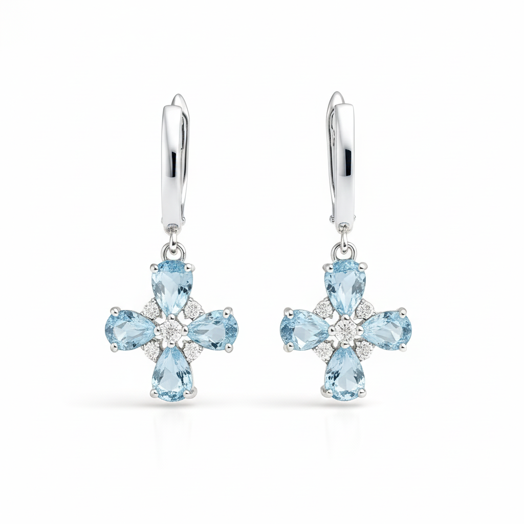 Natural Sky Blue Topaz Sterling Silver Floral Earrings