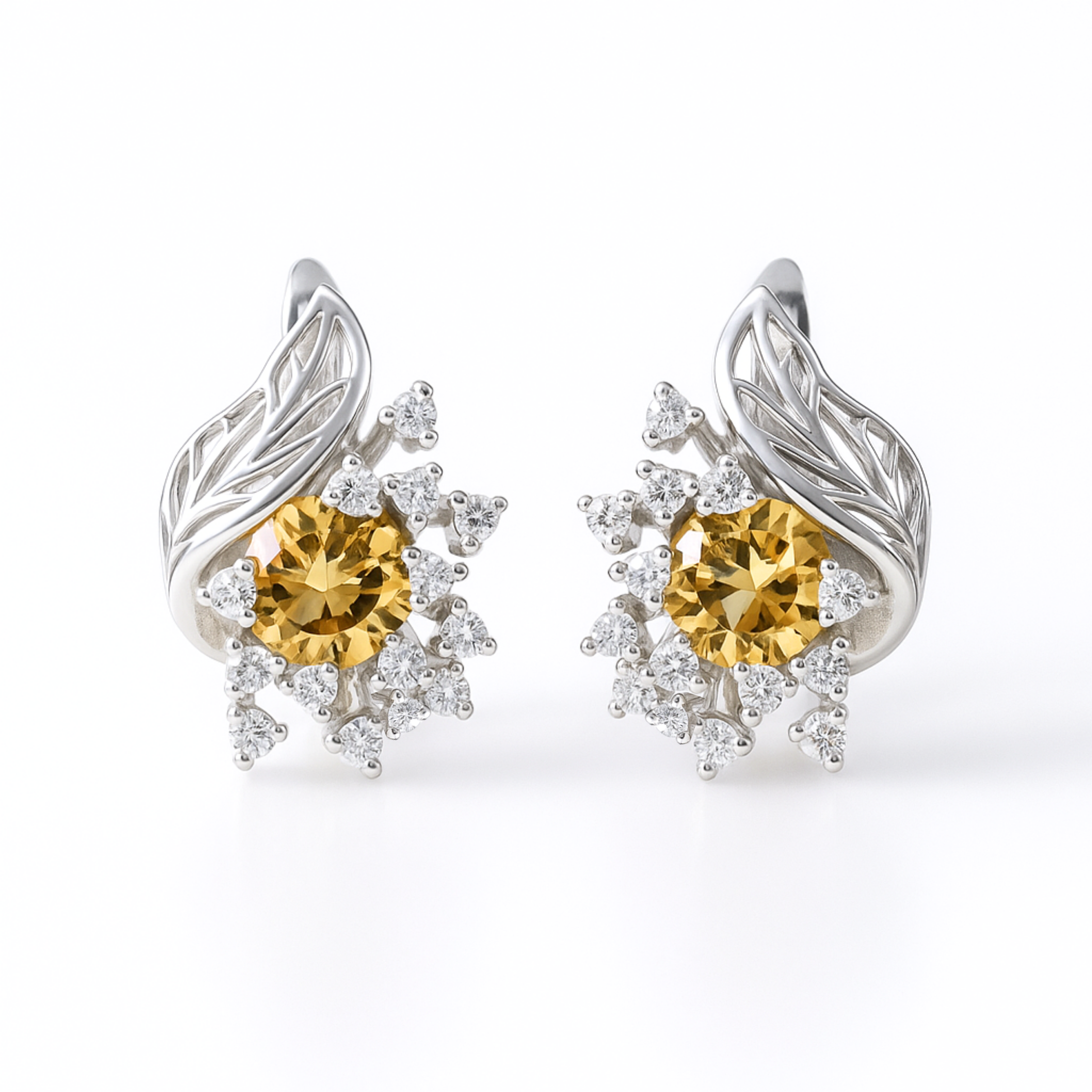 Yellow Natural Citrine Silver Floral Earrings