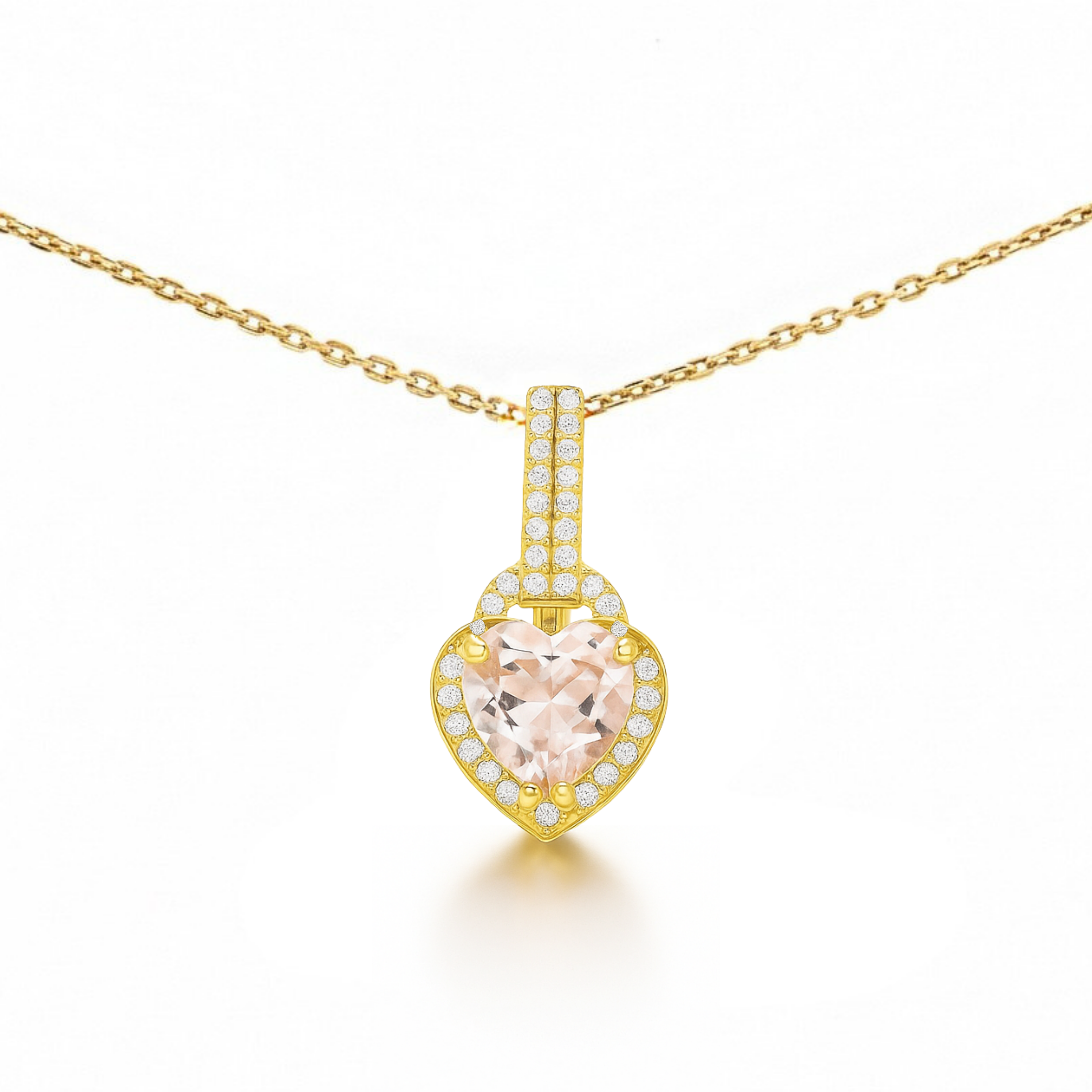 Natural Pink Rose Quartz Silver Halo Heart Necklace