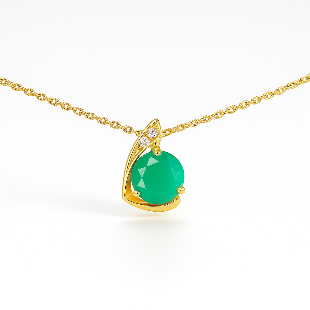 Natural Round Green Agate Silver Pendant Necklace