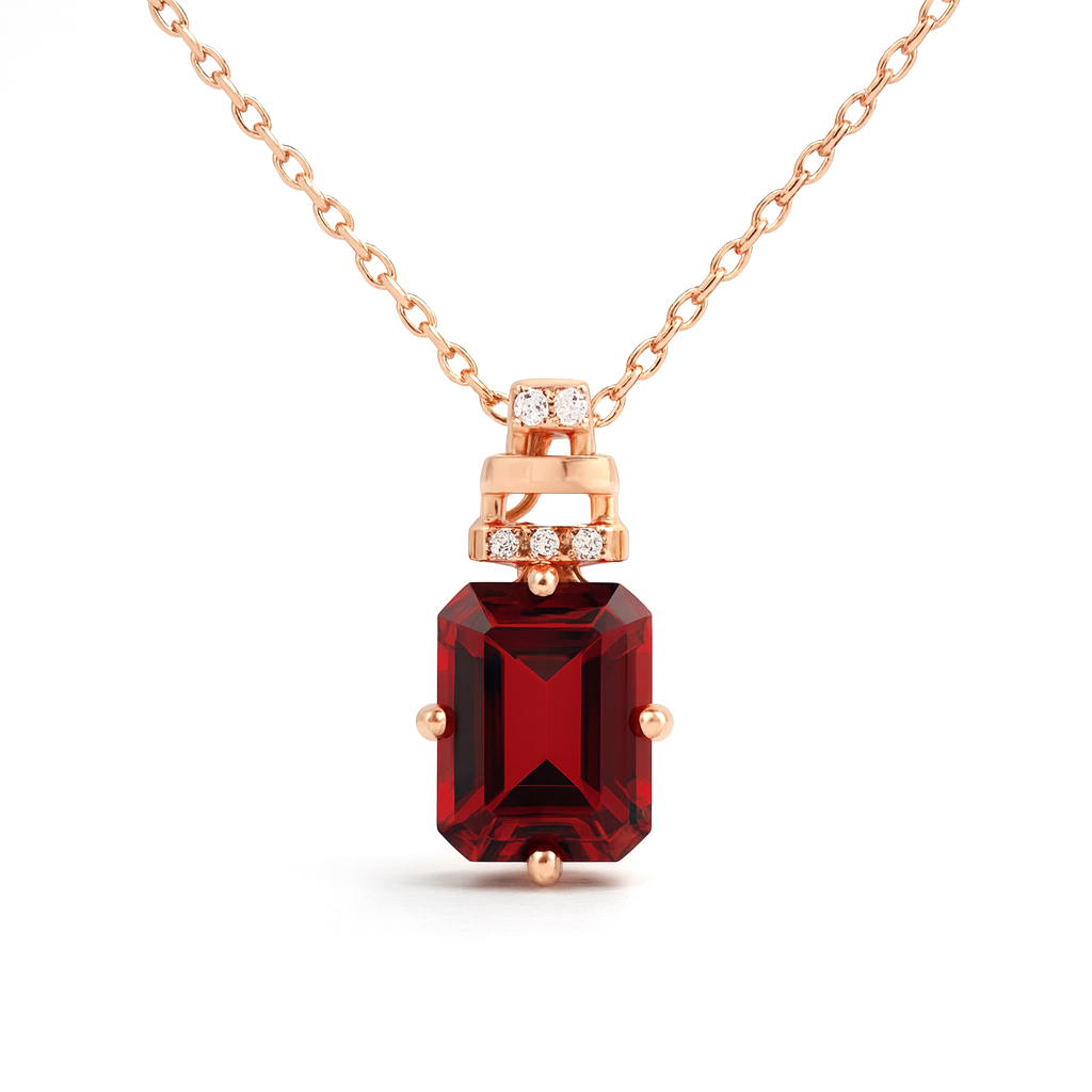 Red Natural Octagon Garnet Silver Pendant Necklace