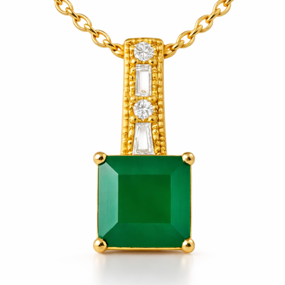 Natural Green Princess Cut Agate Silver Necklace