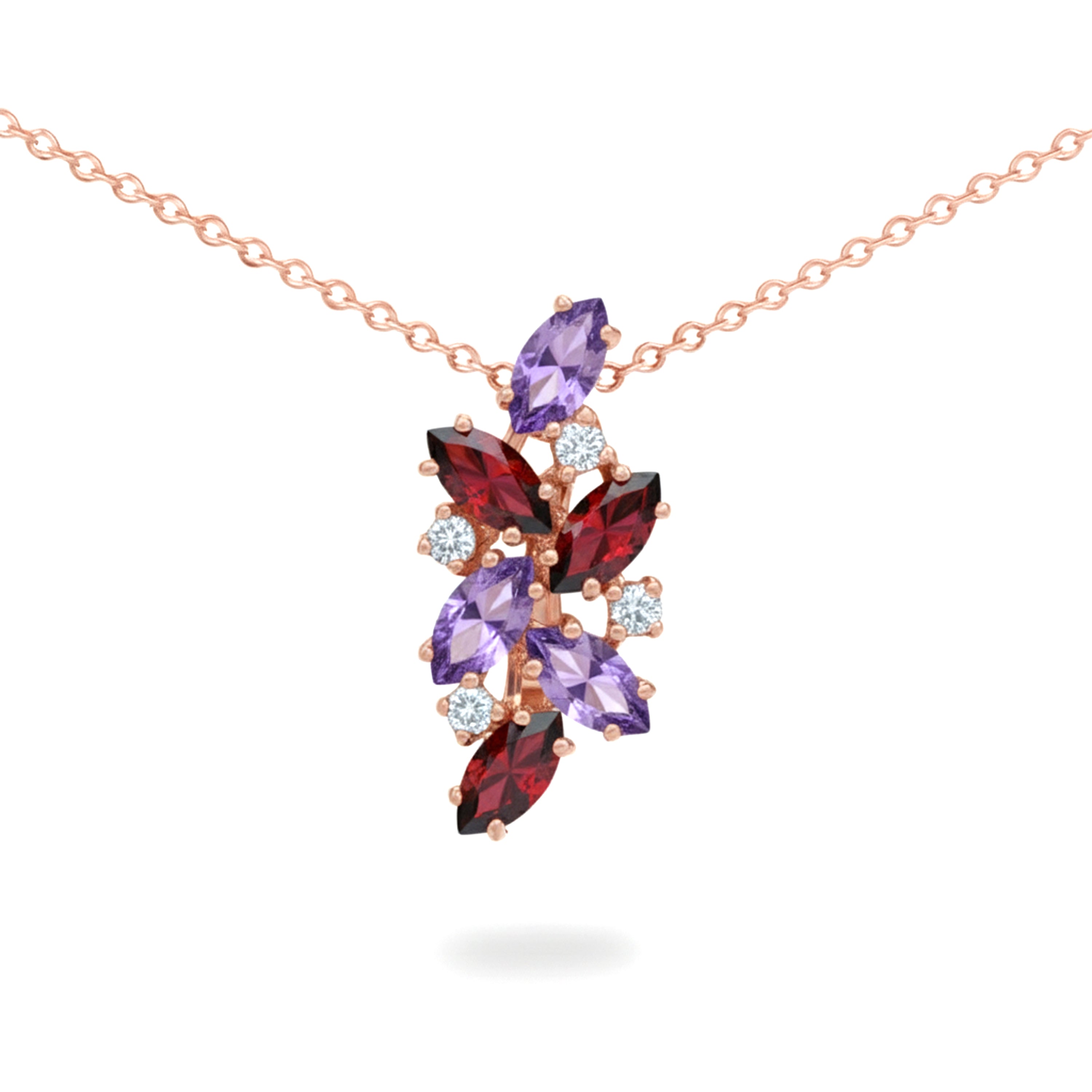 Natural Garnet & Amethyst Silver Cluster Pendant Necklace