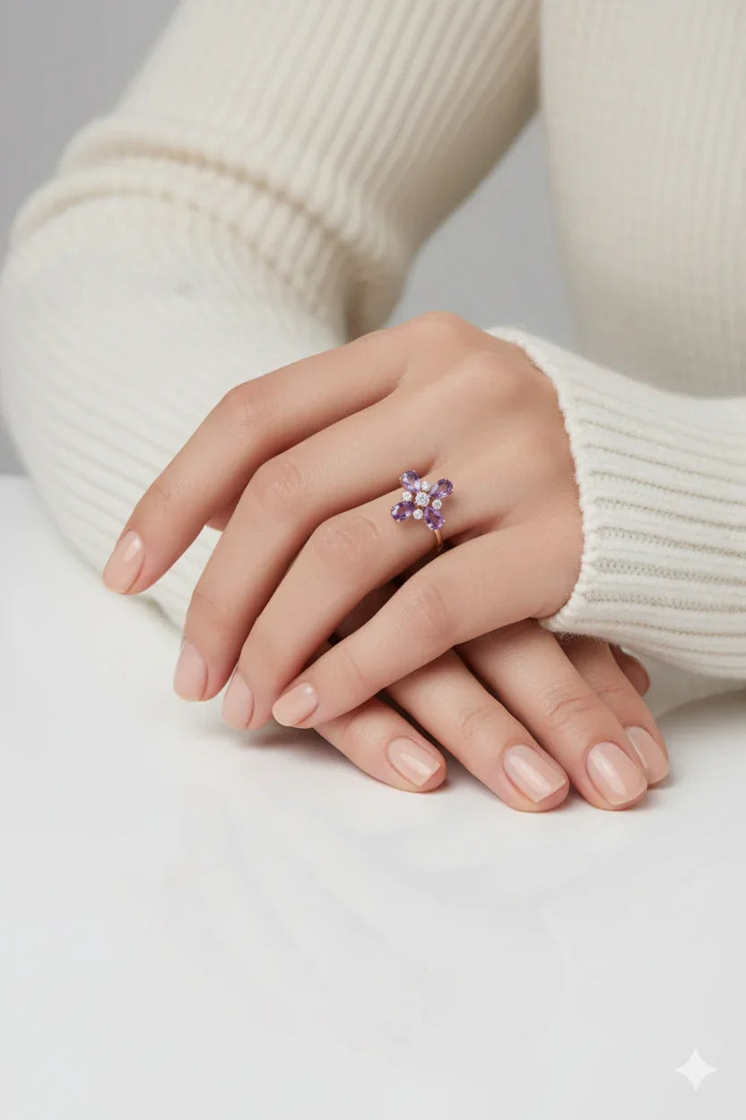Natural Amethyst Four Leaf Clover Ring