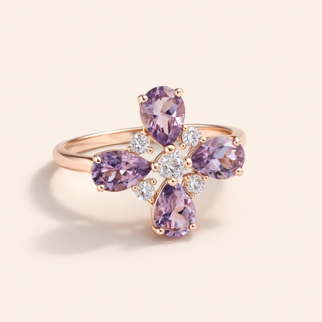 Natural Amethyst Four Leaf Clover Ring