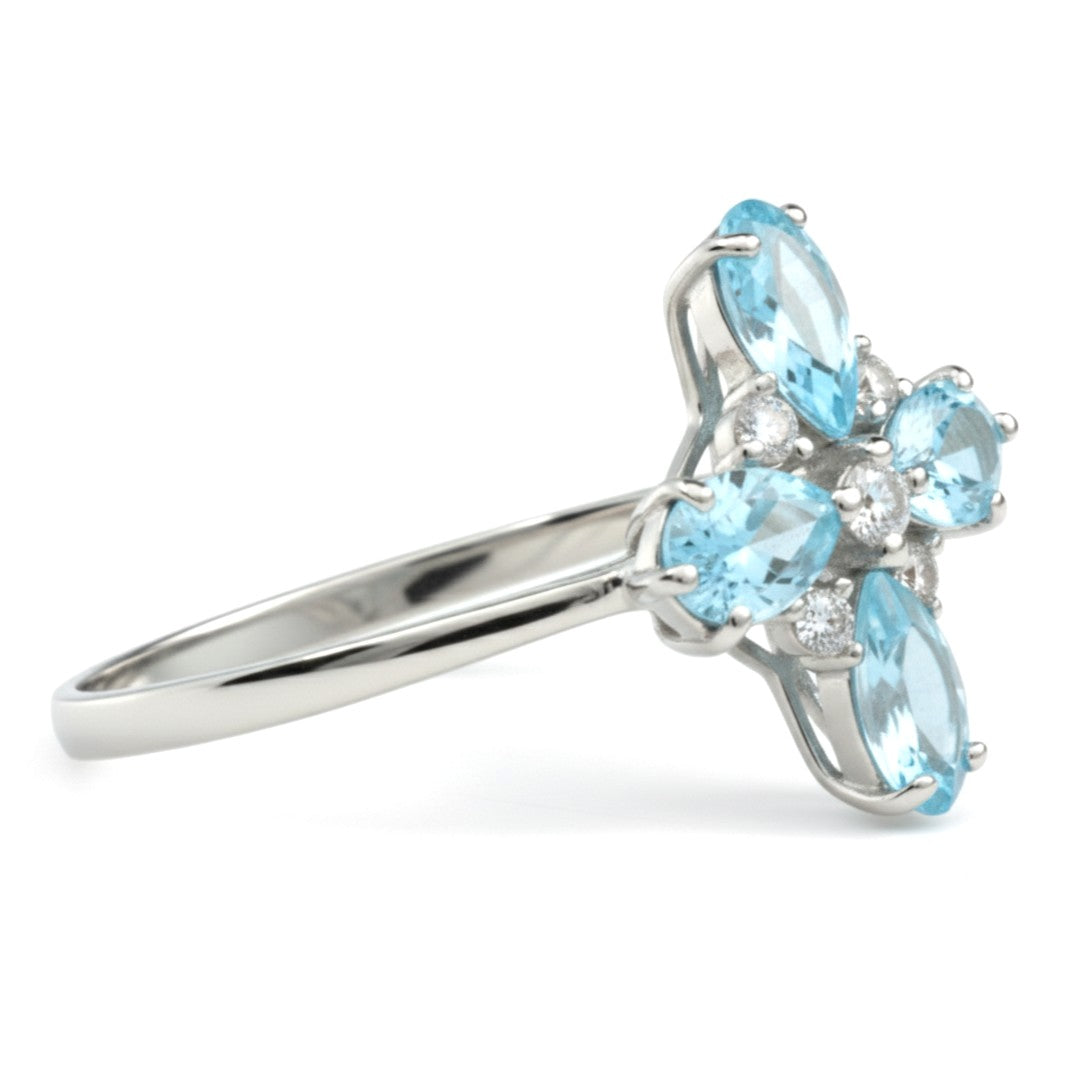 Natural Sky Blue Topaz Silver Leaf Clover Ring