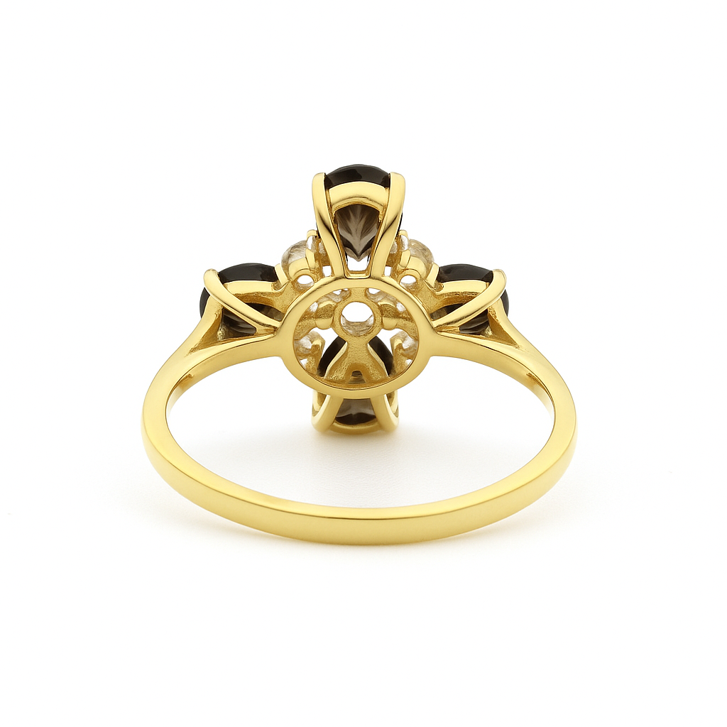 Natural Smoky Quartz Silver Leaf Clover Ring