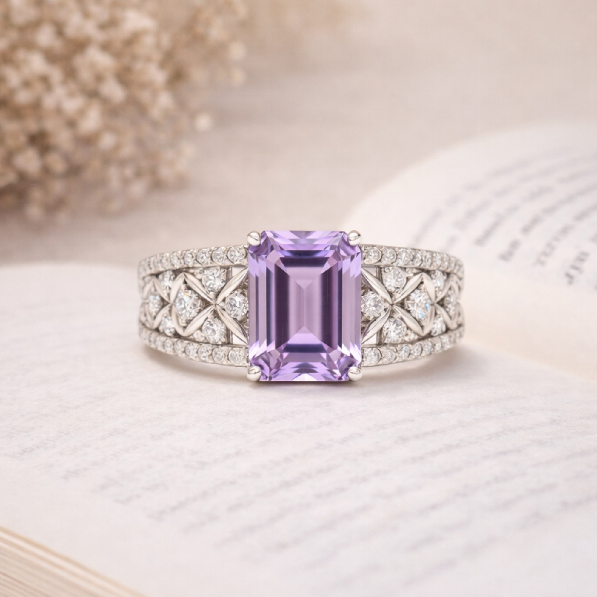 Emerald Cut Natural Amethyst Silver Statement Ring