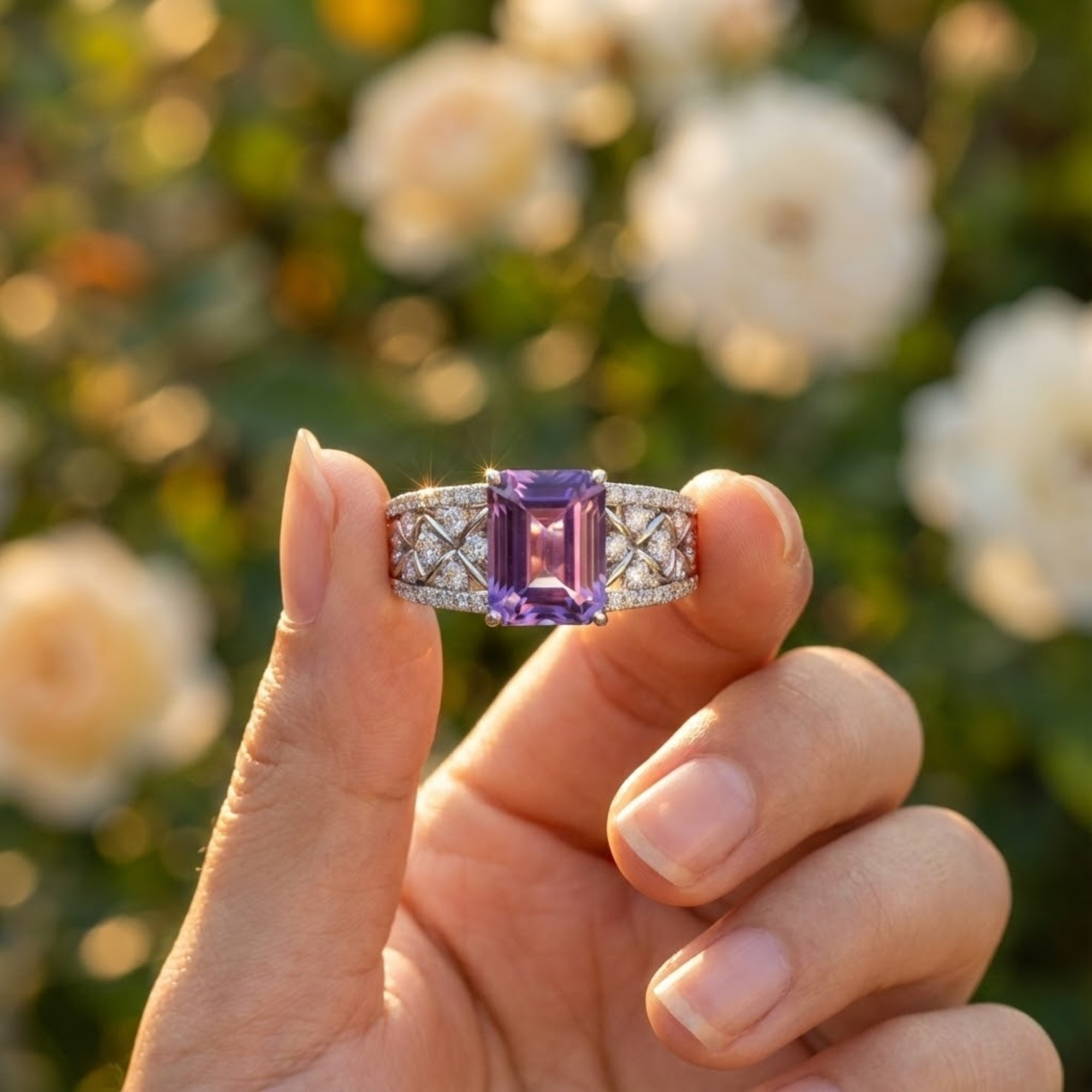 Emerald Cut Natural Amethyst Silver Statement Ring