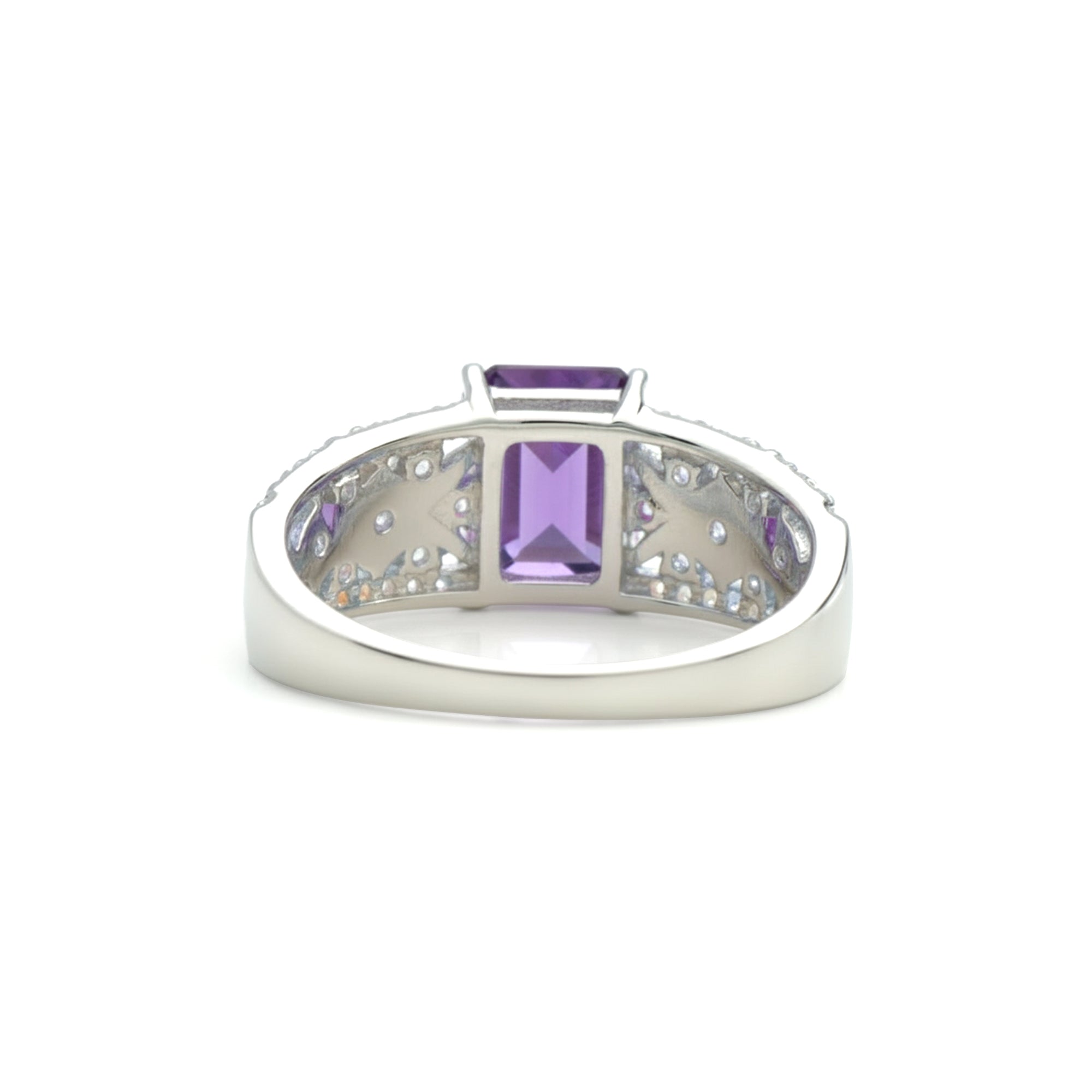 Emerald Cut Natural Amethyst Silver Statement Ring