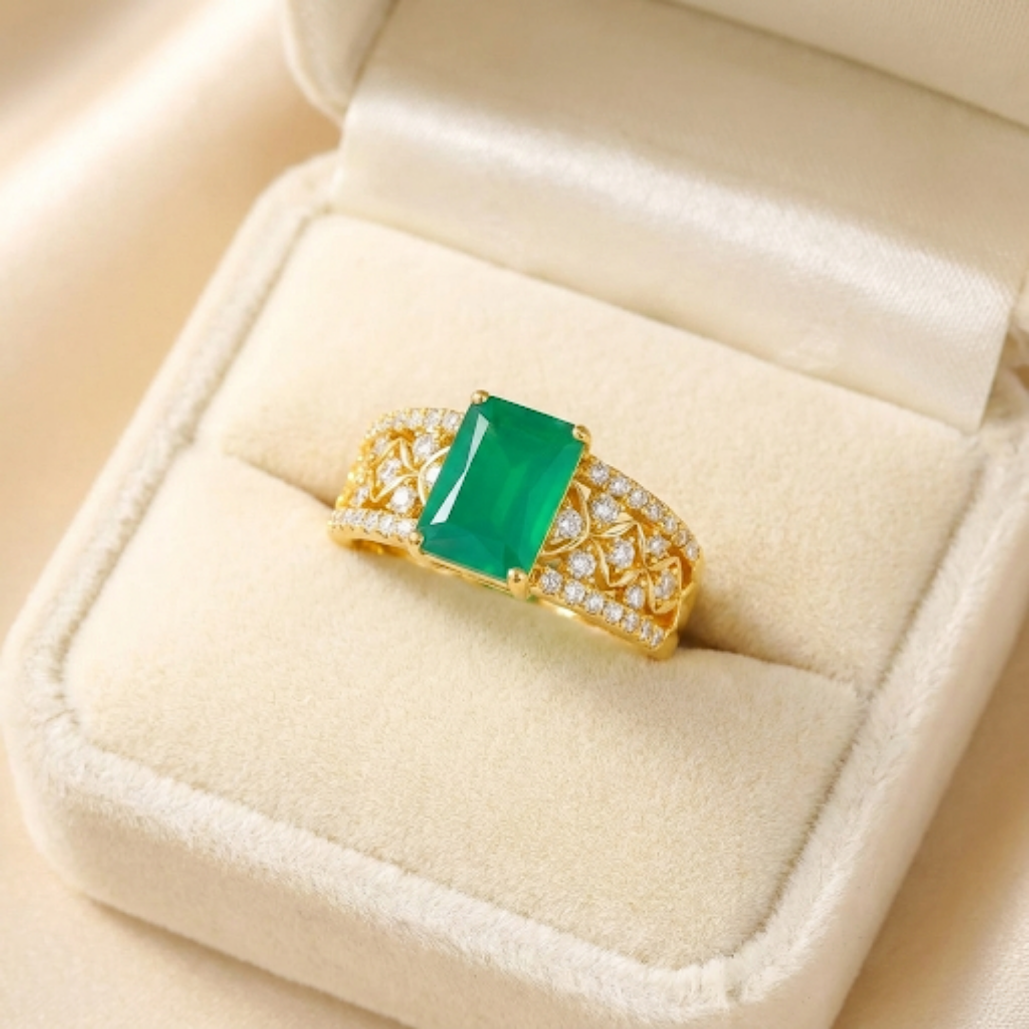 Emerald Cut Natural Green Agate Silver Statement Ring