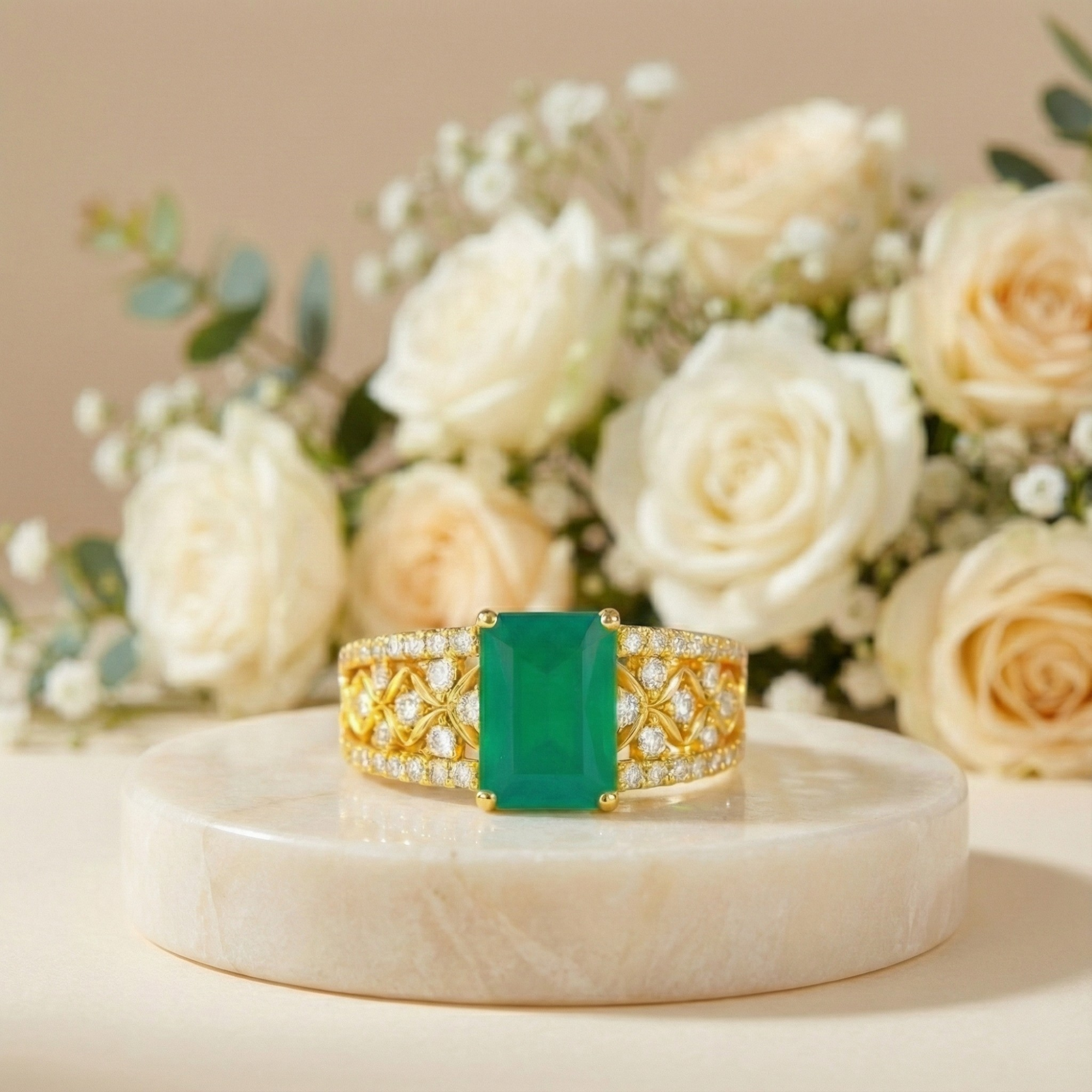 Emerald Cut Natural Green Agate Silver Statement Ring