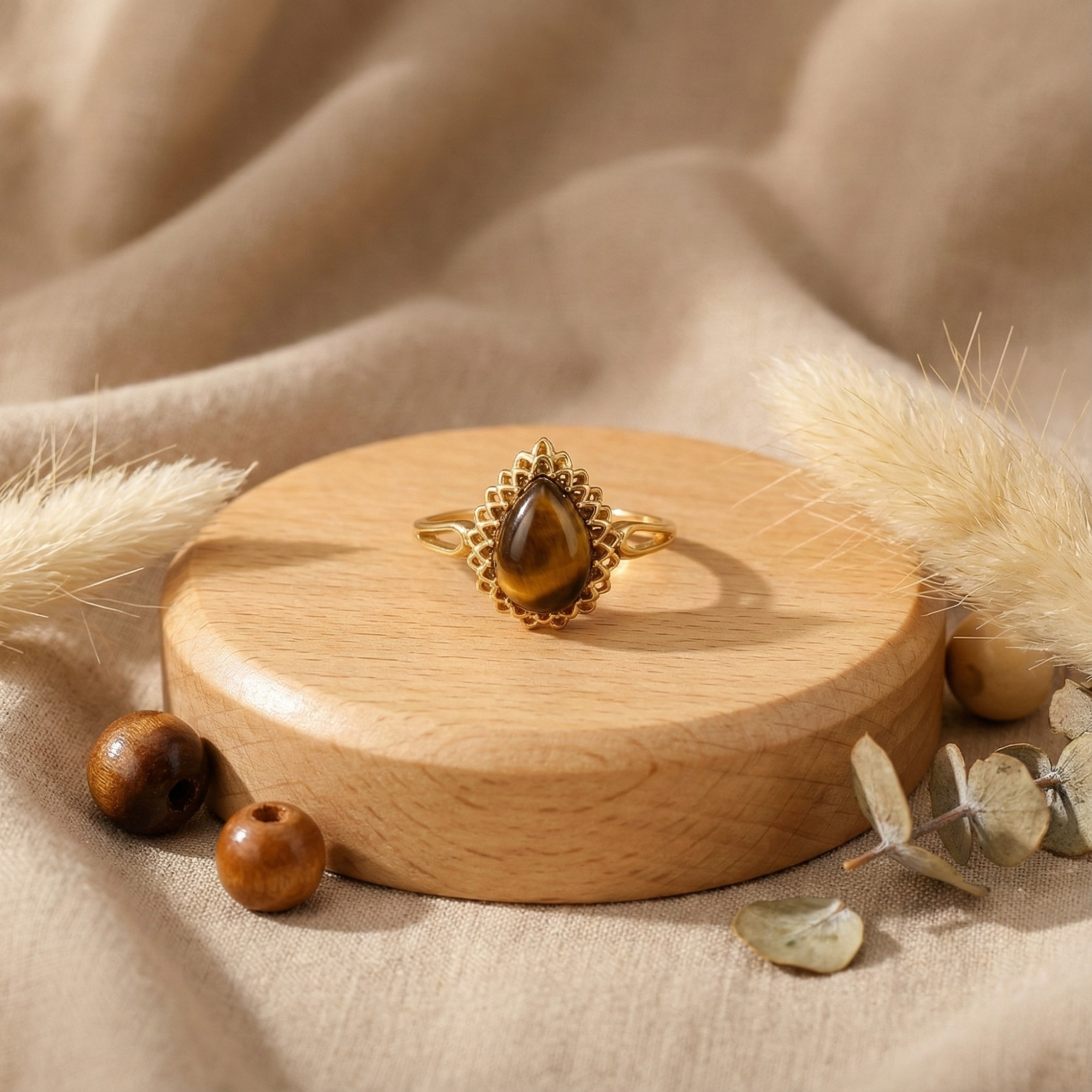 Golden Tigers Eye Pear Shaped Silver Ring