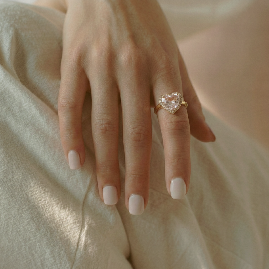 Natural Rose Quartz Gold Plated Silver Halo Heart Ring