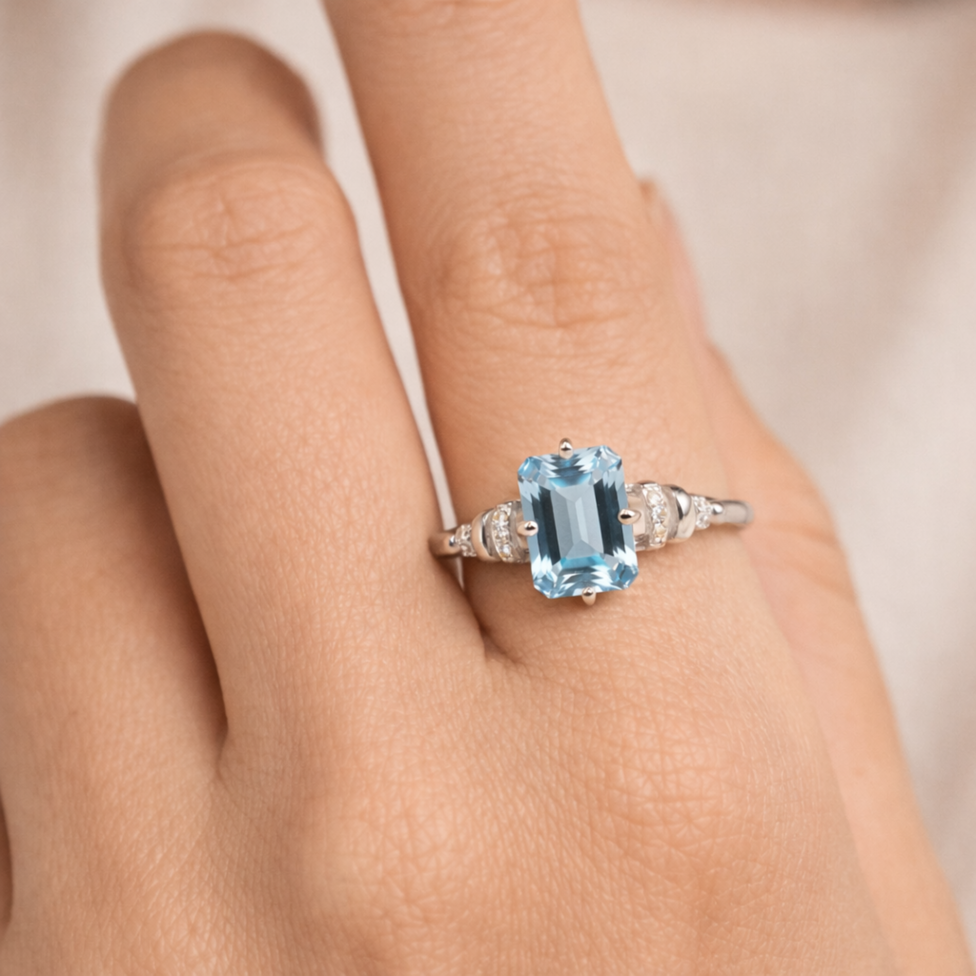 Natural Sky Blue Topaz Octagon Sterling Silver Pave Ring