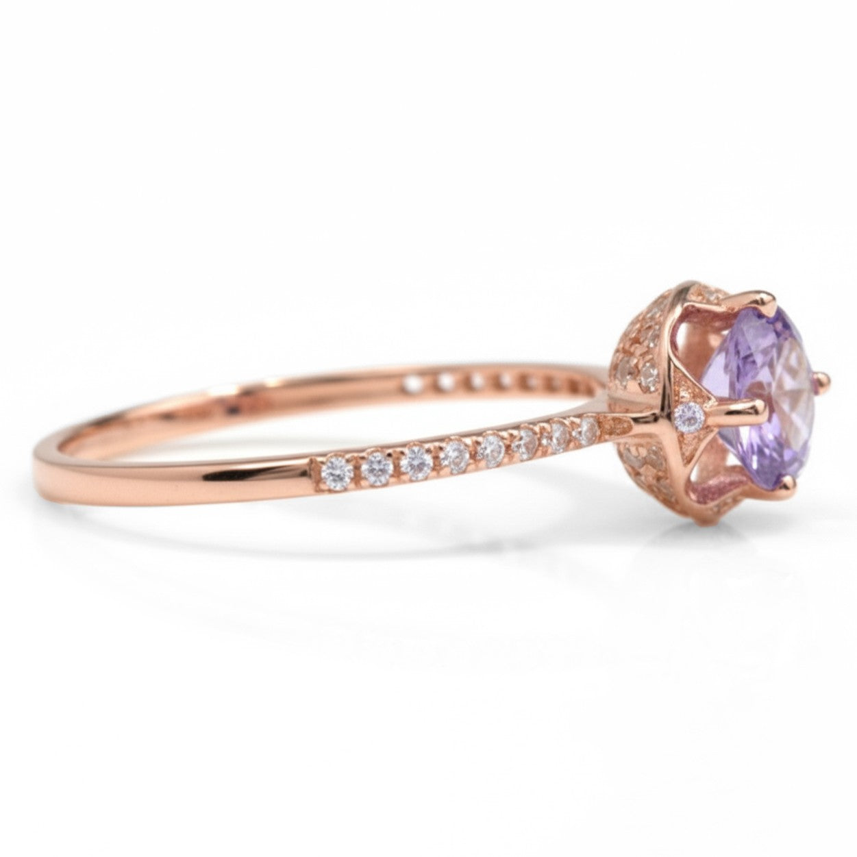 Natural Purple Amethyst Sterling Silver Round Pave Ring