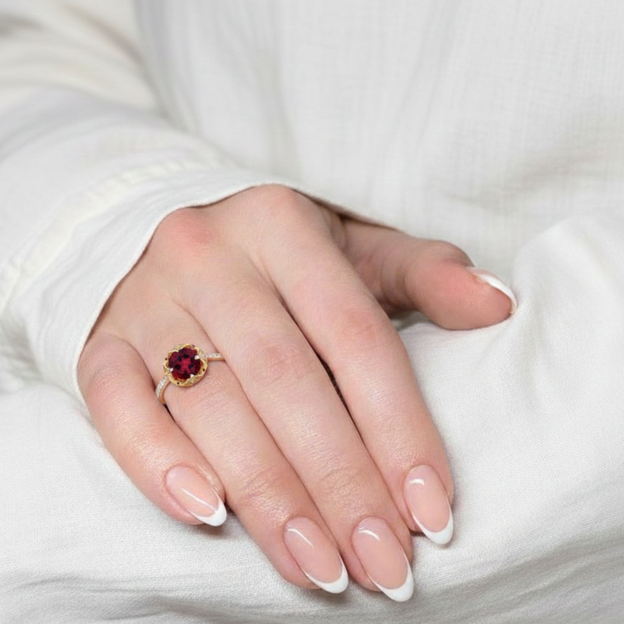 Natural Red Garnet Sterling Silver Round Ring