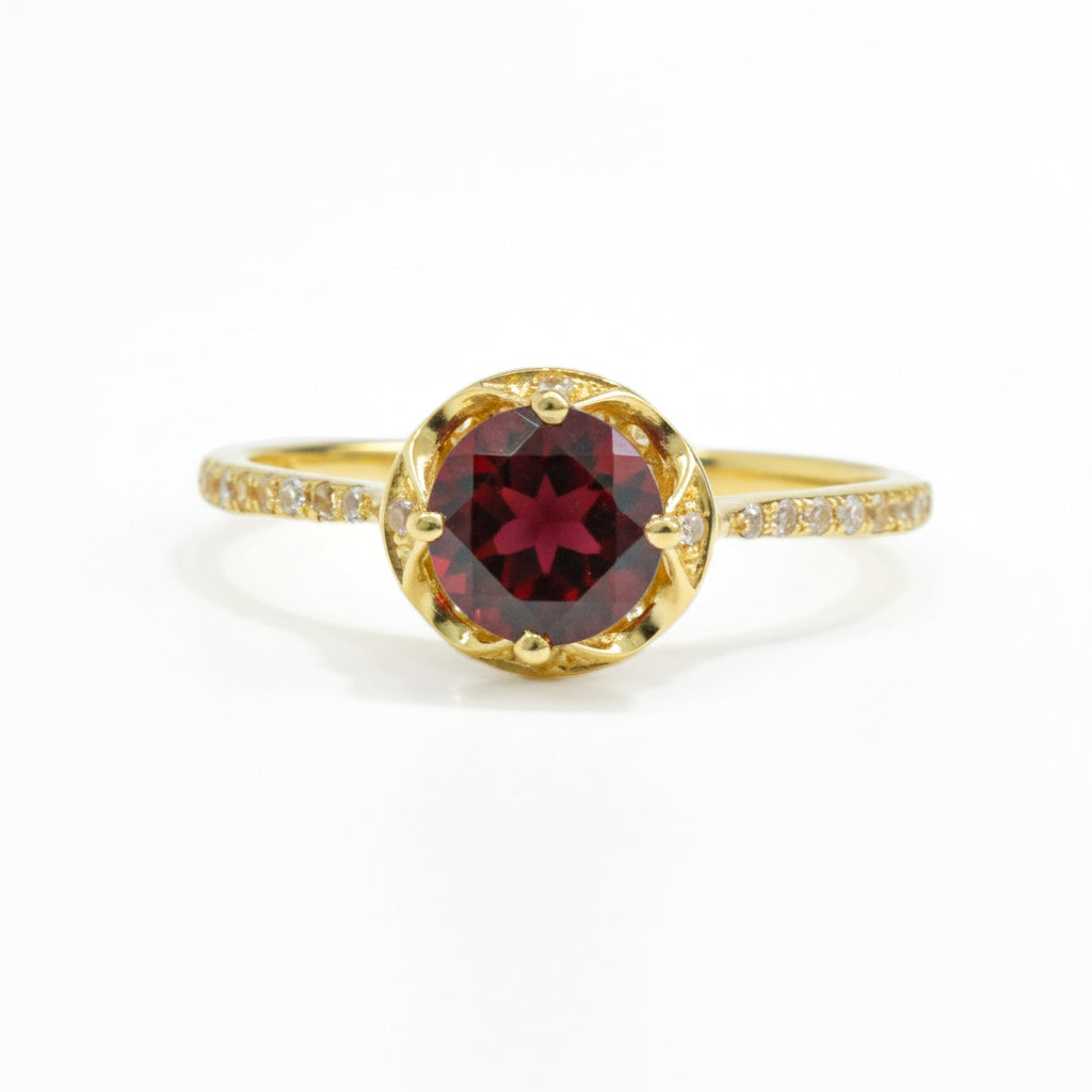 Natural Red Garnet Sterling Silver Round Ring