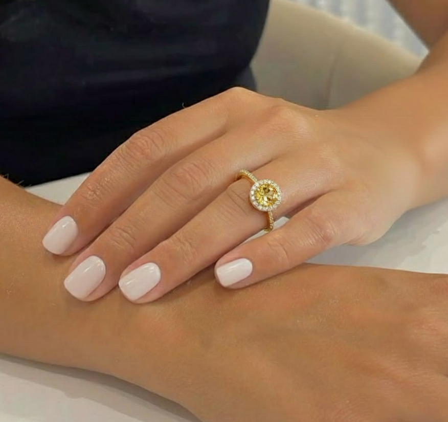 Natural Round Yellow Citrine Sterling Silver Halo Ring