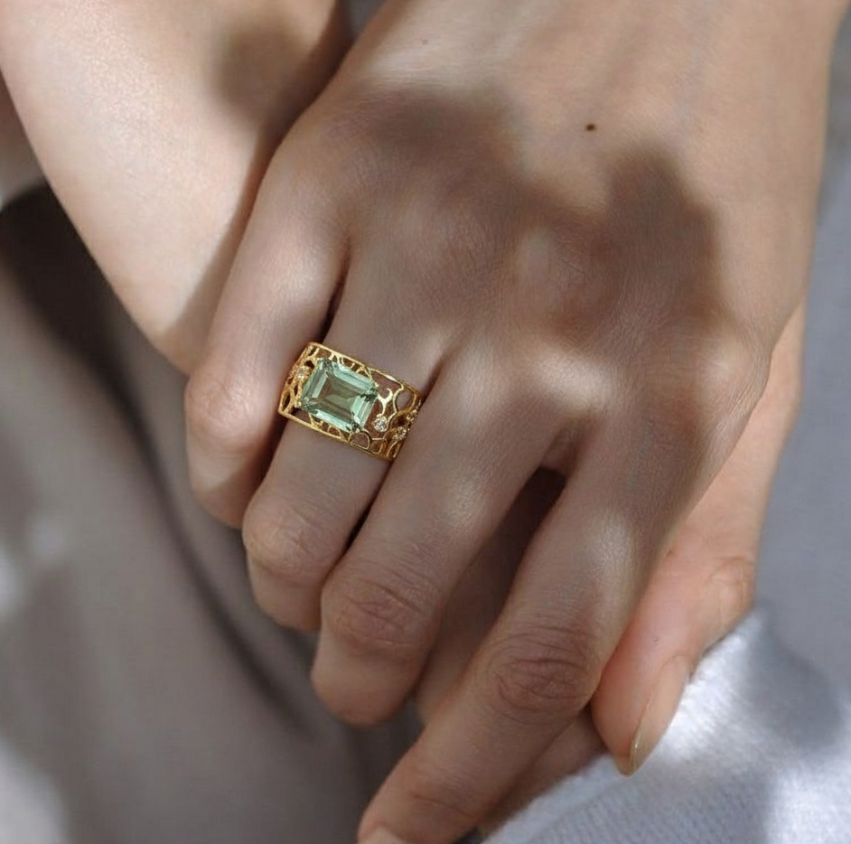 Natural Green Amethyst Silver Filigree Band Ring