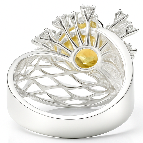 Natural Yellow Citrine Flower Silver Ring