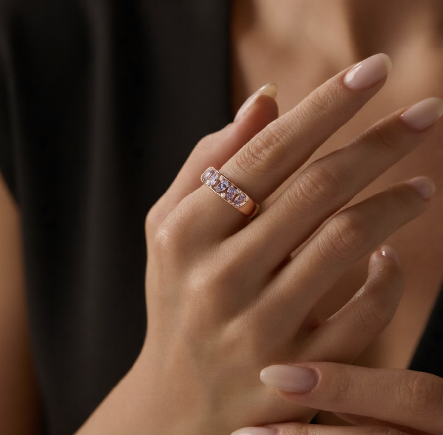 Natural Purple Amethyst Sterling Silver Leaf Band Ring