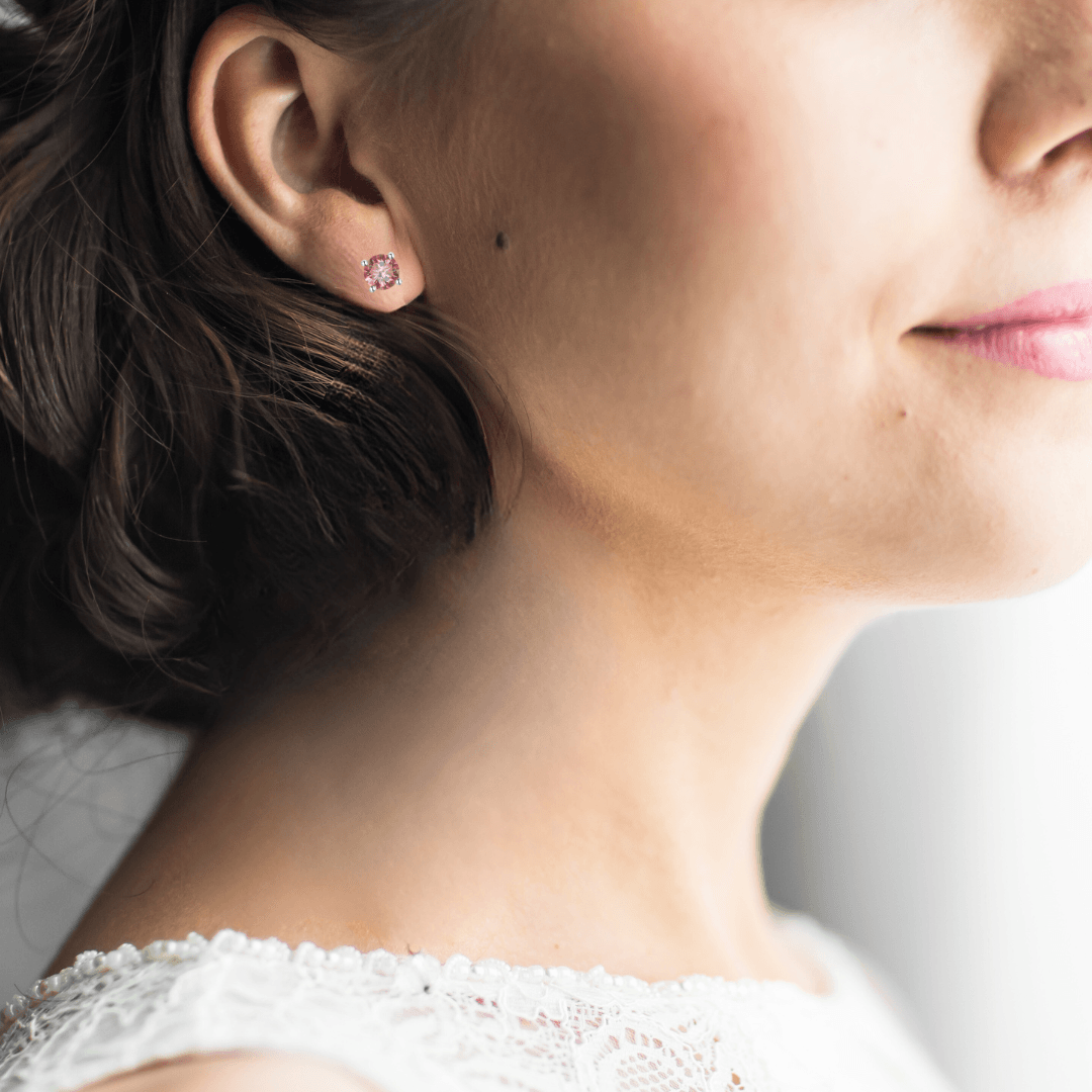 Model showcasing Pink Sterling Silver Earrings Minimalist Everyday Earrings for Women