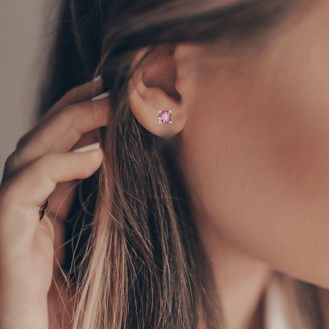 Models showcasing moissanite earrings silver earrings stud earrings pink moissanite everyday earrings simple studs gift for her earrings for women simple earrings dainty earrings anniversary gift best valentines gift minimalist stud