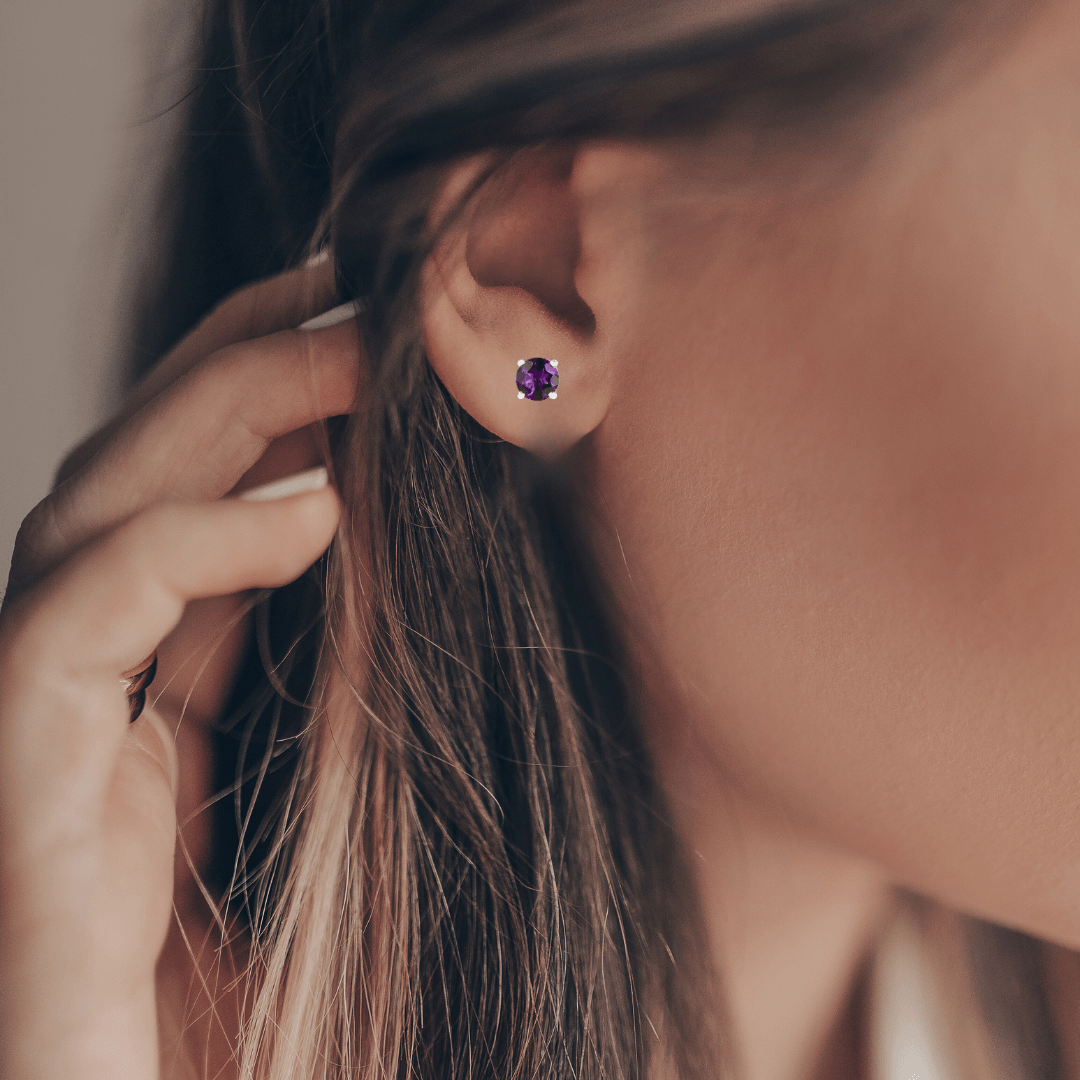 Model showcasing amethyst February Birthstone Gemstone Studs