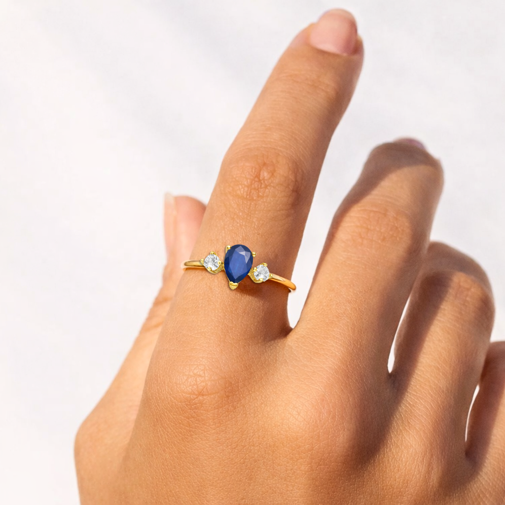 22k Gold Vermeil Three Stone Blue Sapphire Teardrop Ring Fine Color Jewels