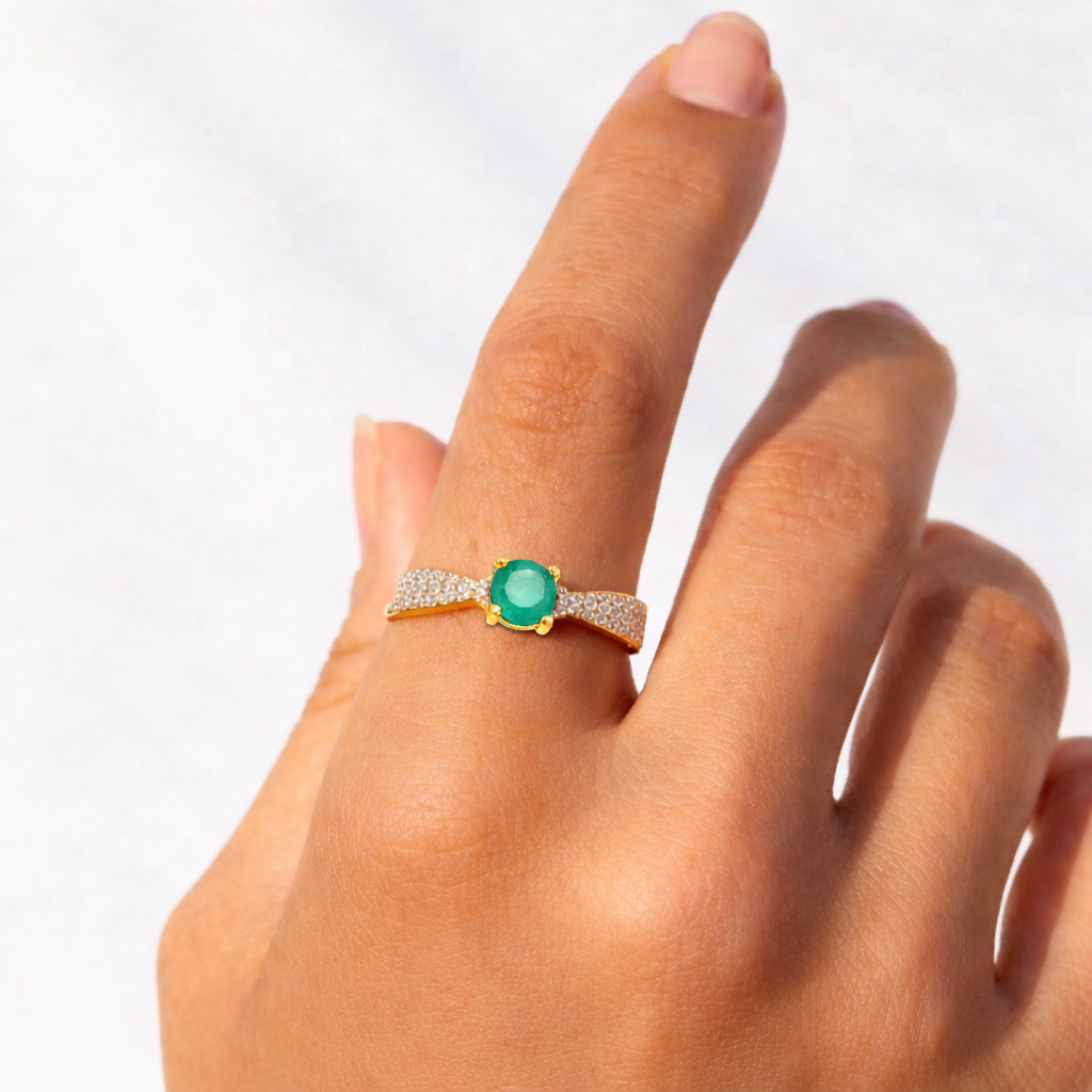22k Gold Vermeil Green Emerald Solitiare Engagement Ring Fine Color Jewels