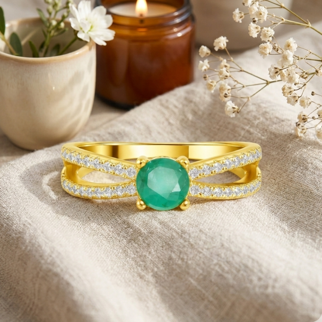 22k Gold Vermeil Emerald Split Band Engagment Ring Fine Color Jewels