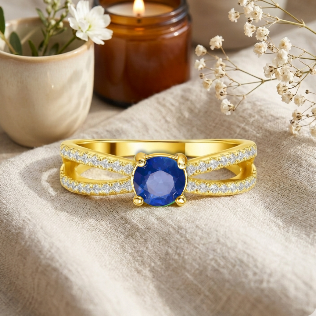22k Gold Vermeil Blue Sapphire Split Band Engagment Ring Fine Color Jewels