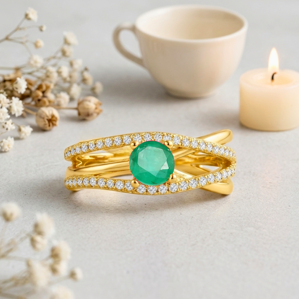 22k Gold Vermeil Emerald Split Band Fashion Ring Fine Color Jewels
