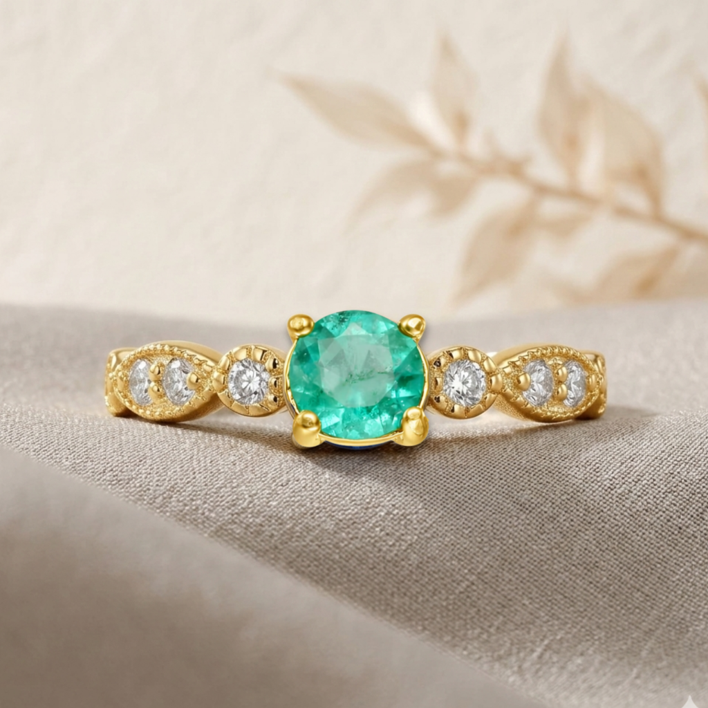22k Gold Vermeil Round Emerald Solitaire Ring Fine Color Jewels