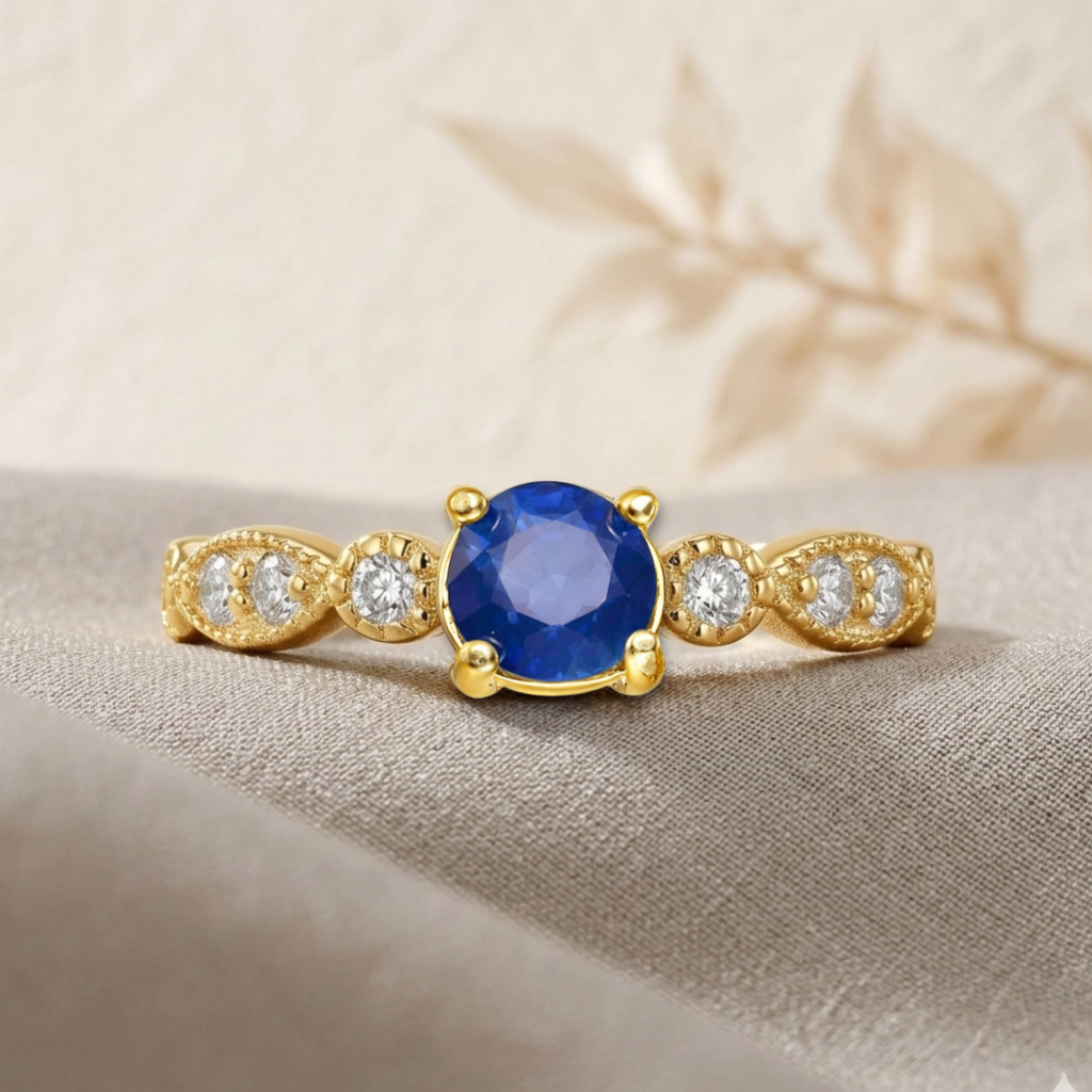 22k Gold Vermeil Round Blue Sapphire Solitaire Ring