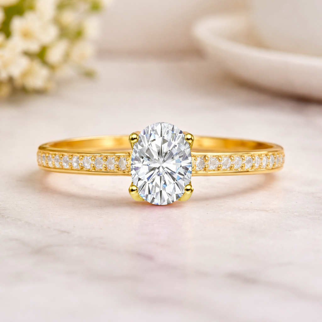 22k Yellow Gold Vermeil Oval Moissanite Pave Solitaire Ring Fine Color Jewels
