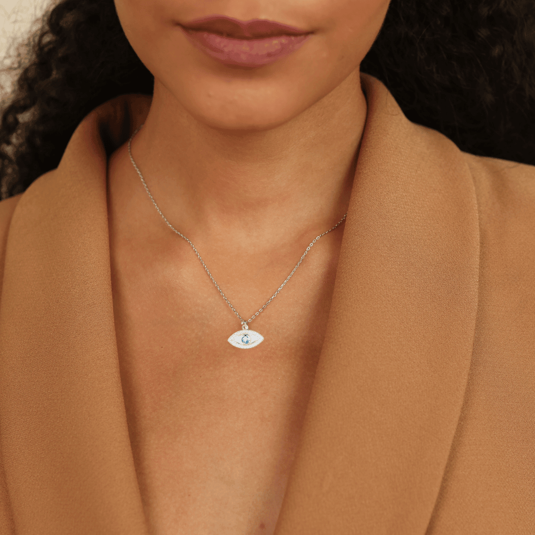 model showcasing Blue Topaz Eye of Protection Necklace