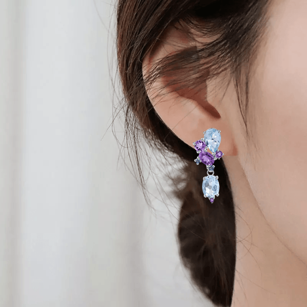 Blue Topaz and Amethyst Statement Earrings Fine Color Jewels $50-100, 925-Sterling-Silver, Amethyst, Blue, Blue Topaz, Dangle, dla-dm-discount-all-143240, dla-dm-discount-all-154898, Oval, Pear, Purple, sale