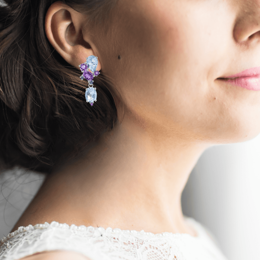 Blue Topaz and Amethyst Statement Earrings Fine Color Jewels $50-100, 925-Sterling-Silver, Amethyst, Blue, Blue Topaz, Dangle, dla-dm-discount-all-143240, dla-dm-discount-all-154898, Oval, Pear, Purple, sale