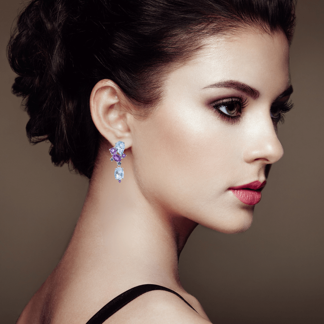 Blue Topaz and Amethyst Statement Earrings Fine Color Jewels $50-100, 925-Sterling-Silver, Amethyst, Blue, Blue Topaz, Dangle, dla-dm-discount-all-143240, dla-dm-discount-all-154898, Oval, Pear, Purple, sale